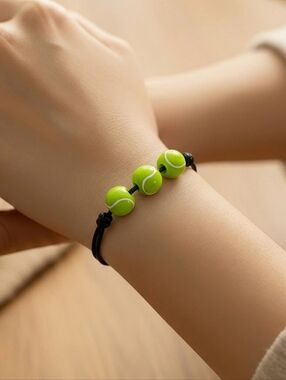 Tennis Ball Bracelet Black Cord Adjustable Sport String Beaded Player Mom Gift